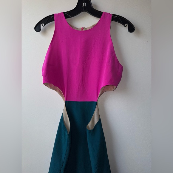 Naven Hot Pink and Teal Side Cutout High Neck Silk Mini Dress - Picture 7 of 7